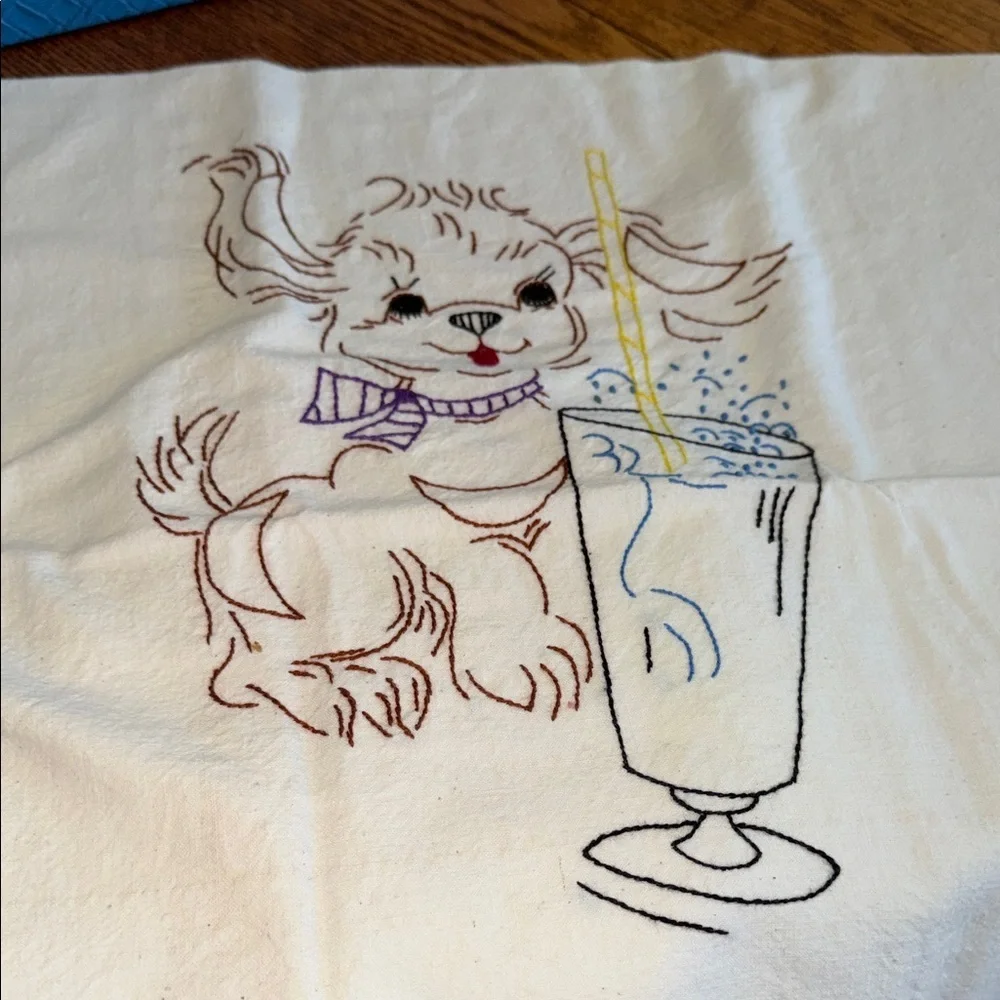 Vintage Embroidered  Kitchen Flour Sack Towels Set of Four Puppy/ Baking Kitchen